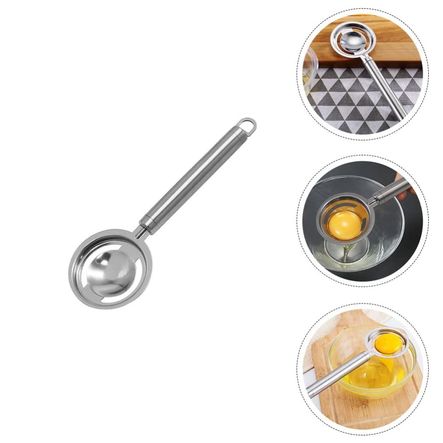 Stainless steel egg separator with a handle, ready to filter egg yolks and whites.
