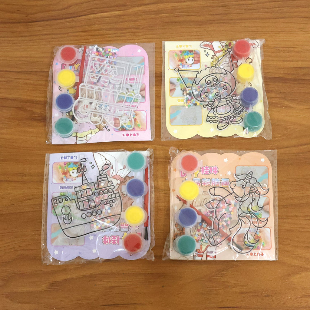 Art activity set for kids including paints, beads, and coloring sheets