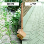Weed scraper paving brush demonstrating its effective cleaning action on block paving.