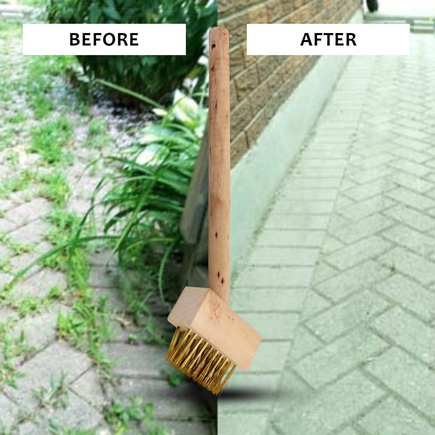 Weed scraper paving brush demonstrating its effective cleaning action on block paving.