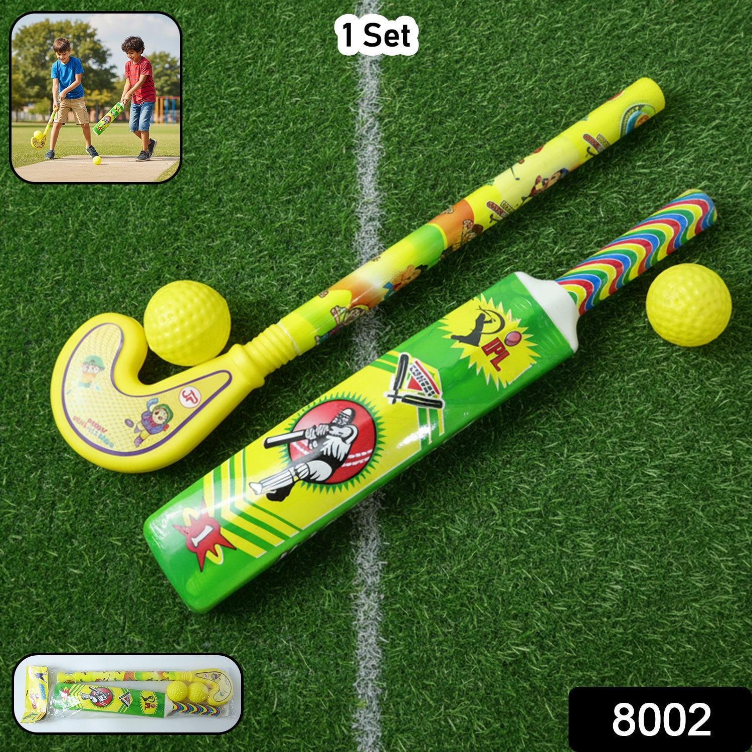 Close-up of the lightweight plastic cricket bat and ball from the kids sports set.