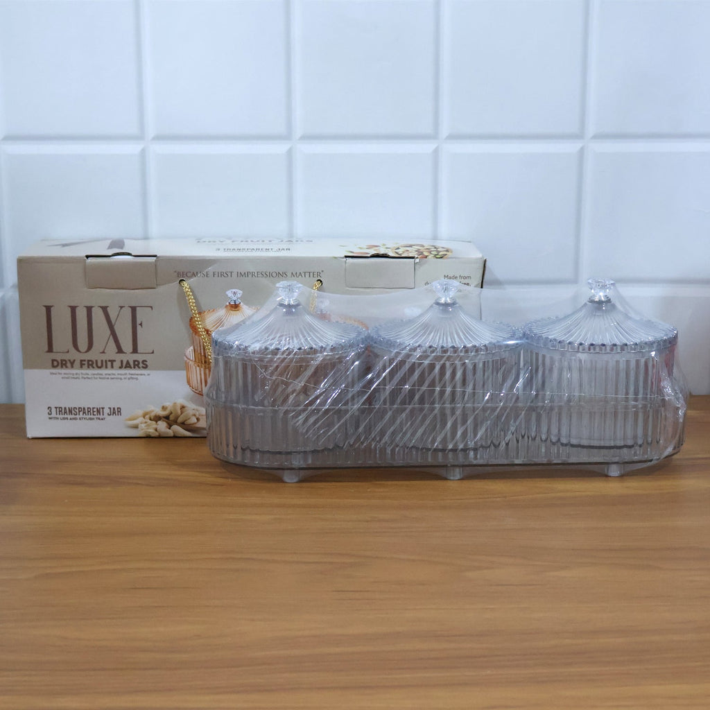Complete 3-piece dry fruit and snack storage jar set with tray