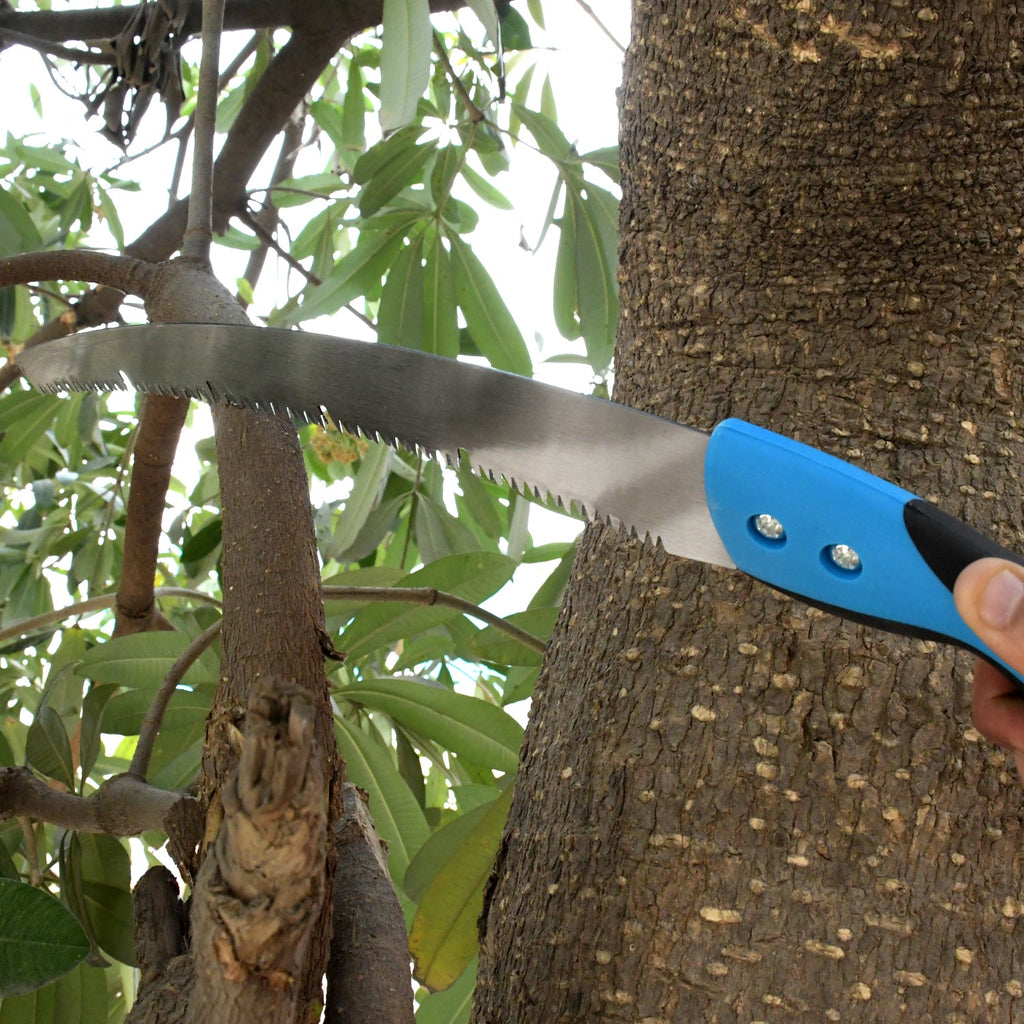 20-inch high carbon steel pruning saw with a protective cover for safe storage.