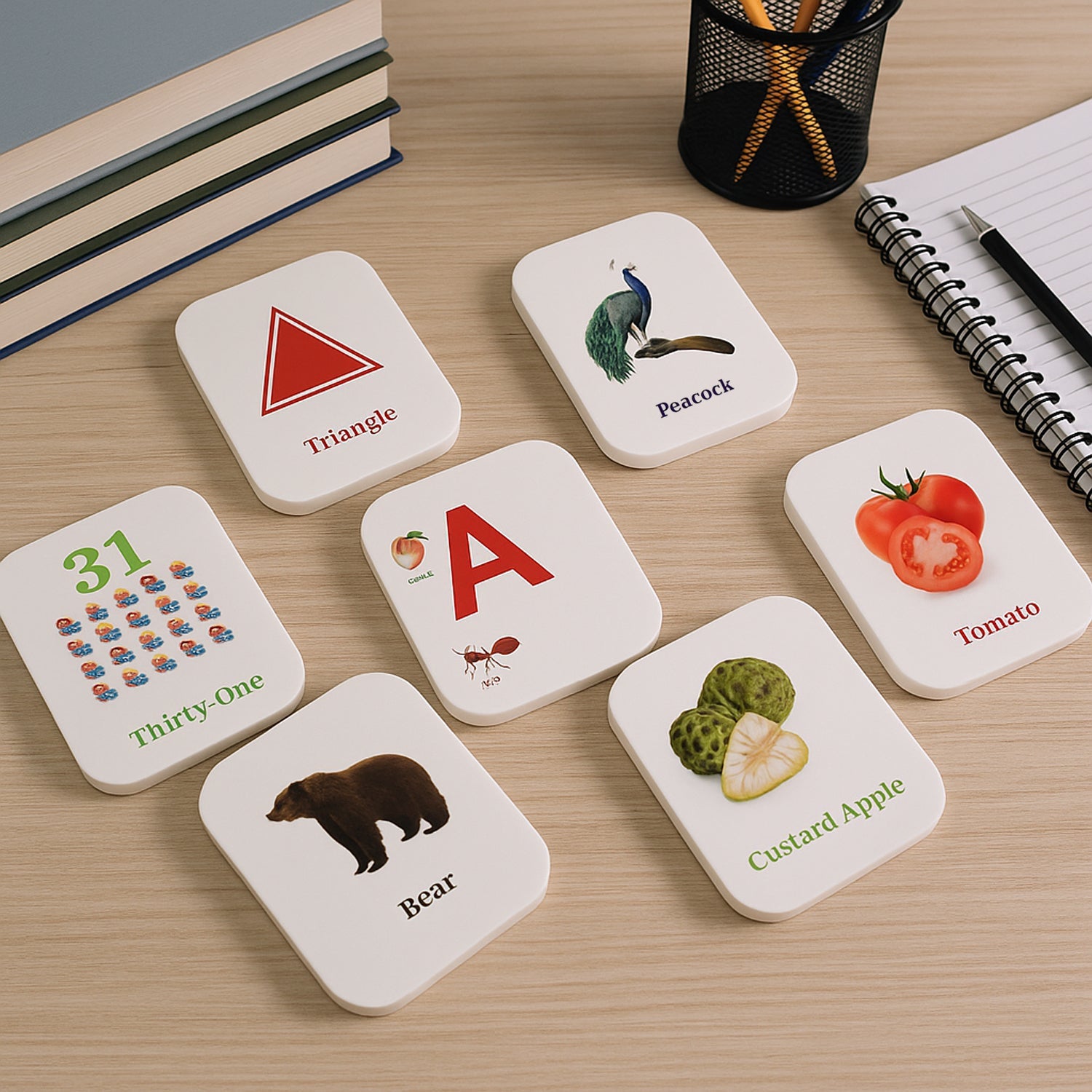 Early learner flashcard set showing colorful educational cards