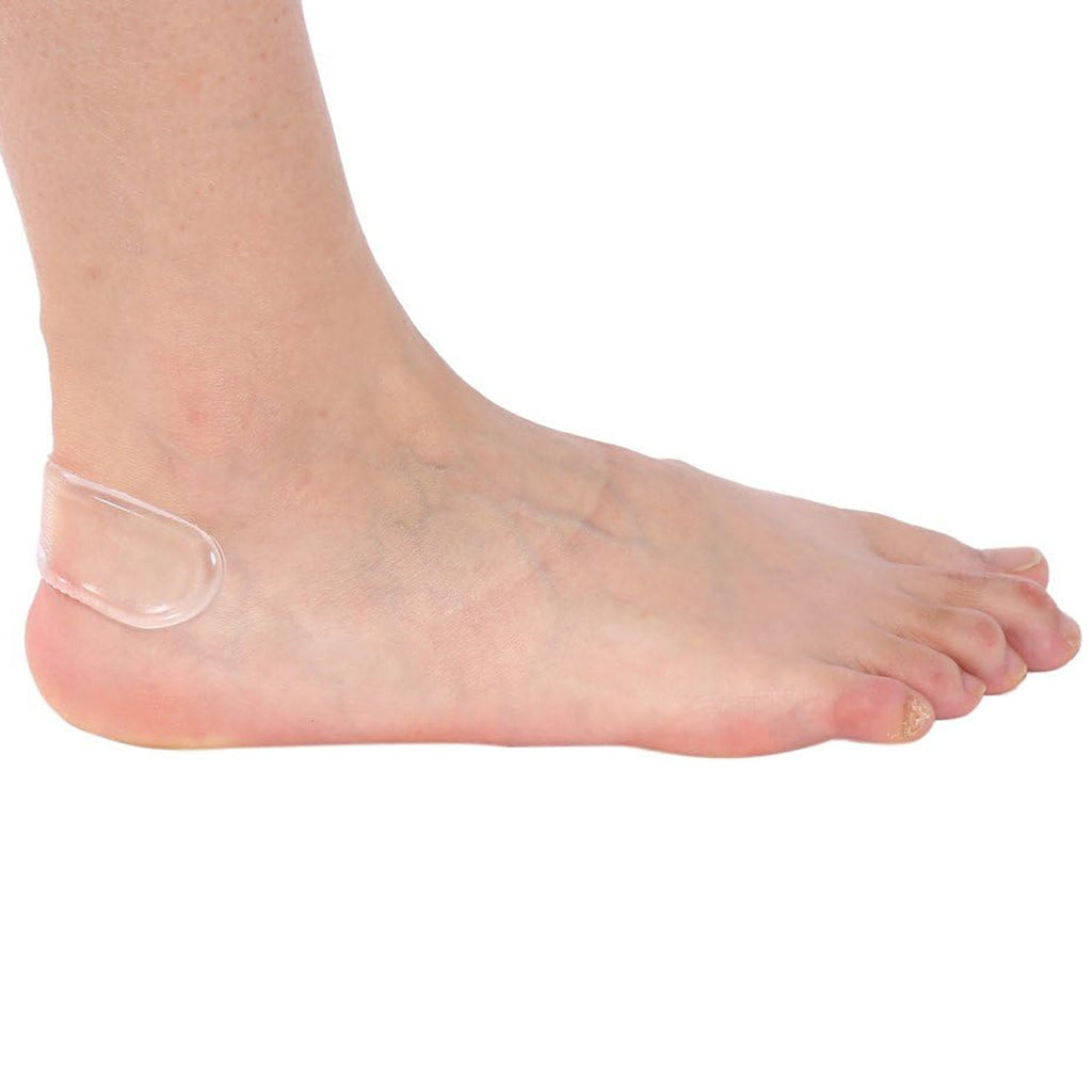 Demonstration of a heel protector preventing a foot from slipping out of a loose shoe.