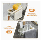 The retractable sink caddy efficiently holds various kitchen cleaning tools, optimizing space.