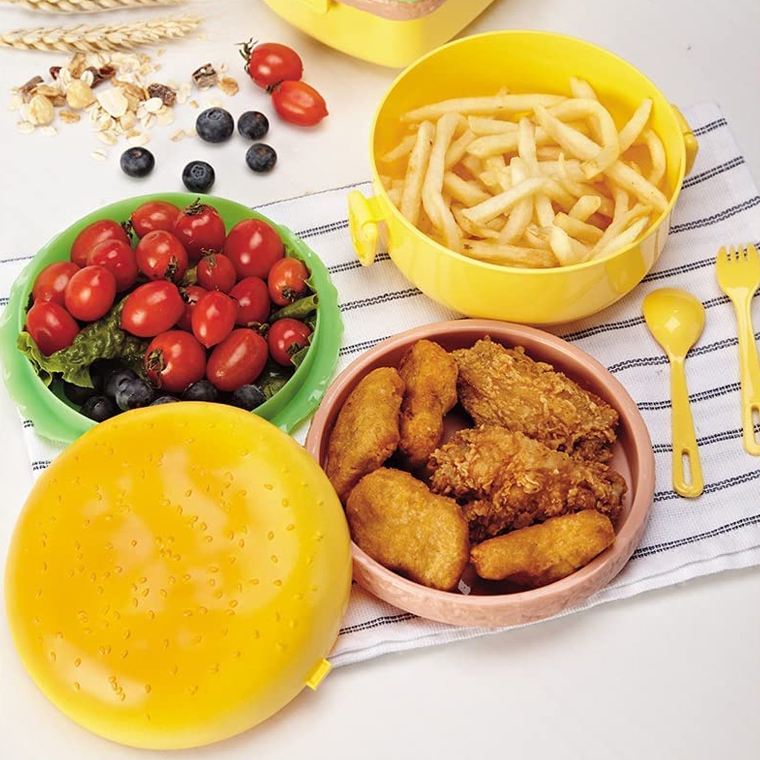 Top view of the circular burger lunch box, highlighting its unique design.