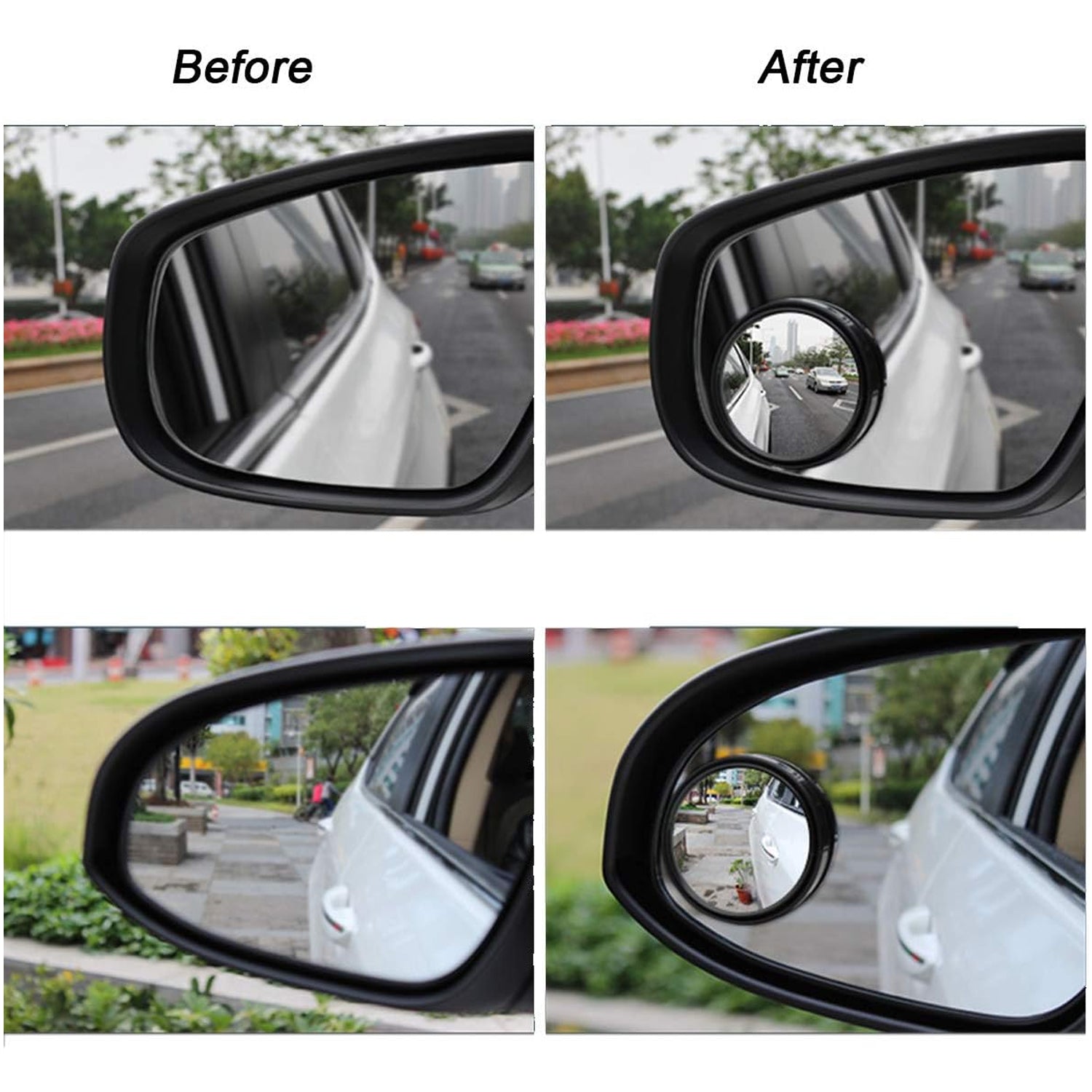 Driver's perspective showing reduced blind area using blind spot mirror