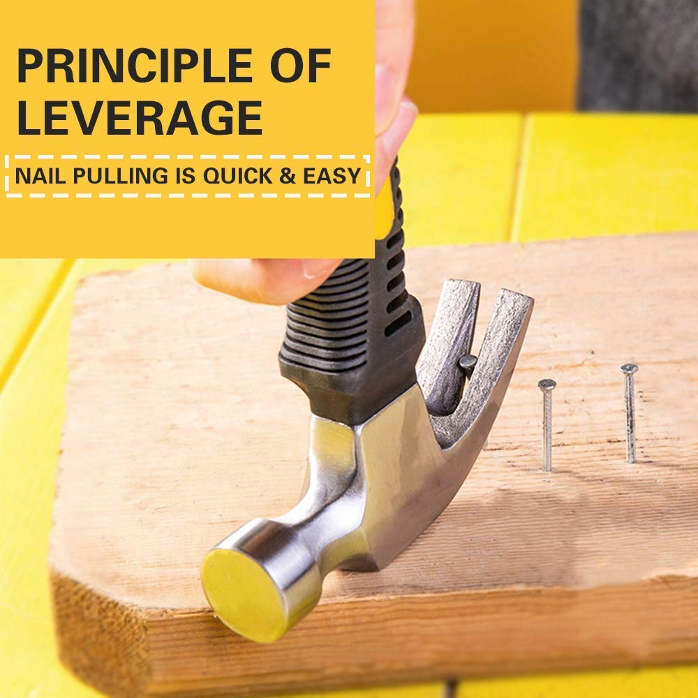 Top-down view of the mini claw hammer, emphasizing its robust construction and short handle.
