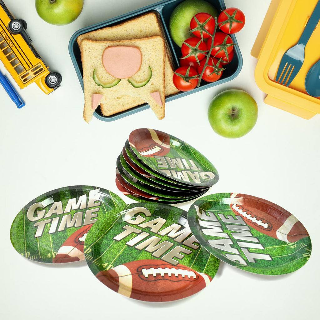 Collection of disposable paper plates displaying various 'Birthday Bliss' patterns.