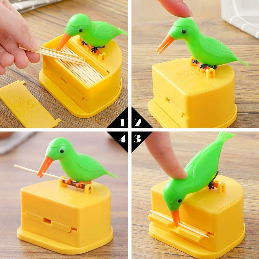 Colorful green and yellow automatic bird toothpick storage box placed on table