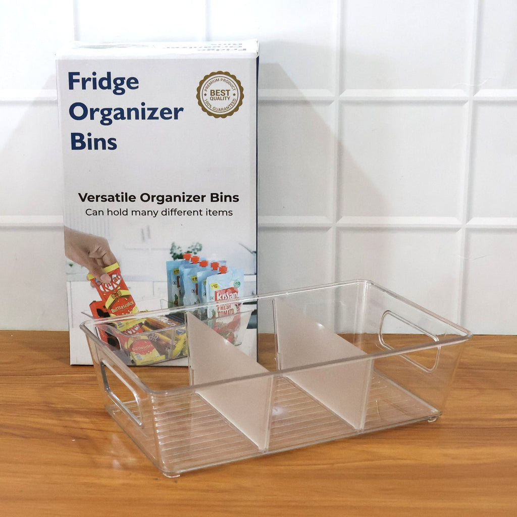 Shatter-resistant clear plastic refrigerator organizer bin for long-lasting use.