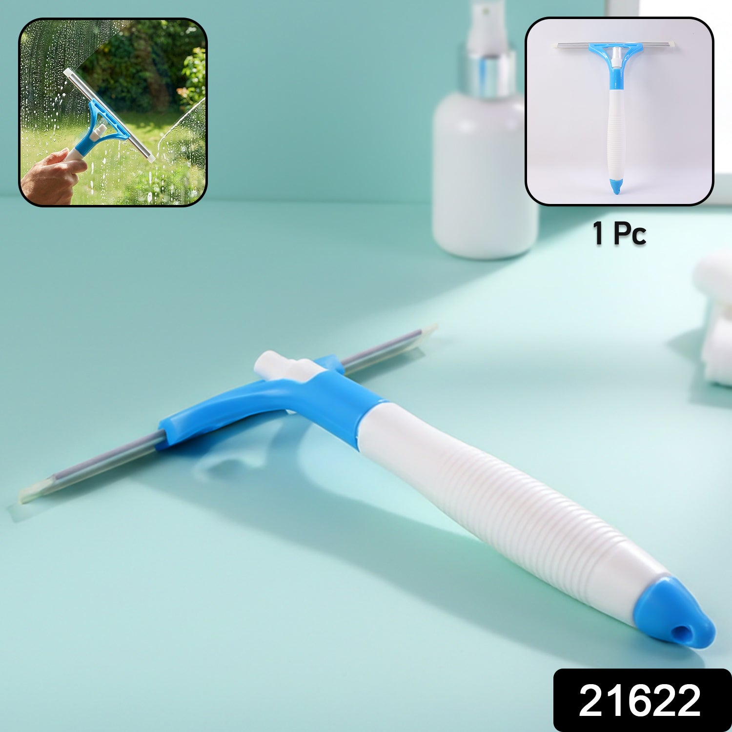 Close-up of ergonomic handle on window cleaning squeegee