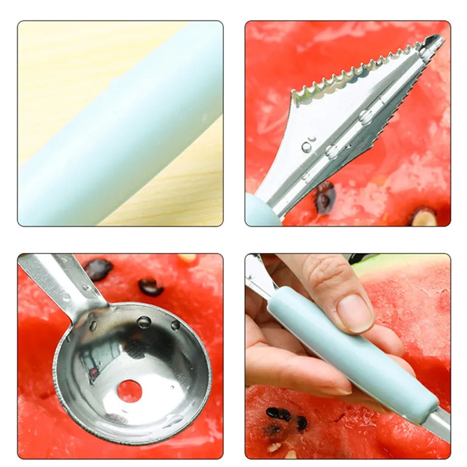 Collection of specialized stainless steel carving knives for intricate fruit patterns.