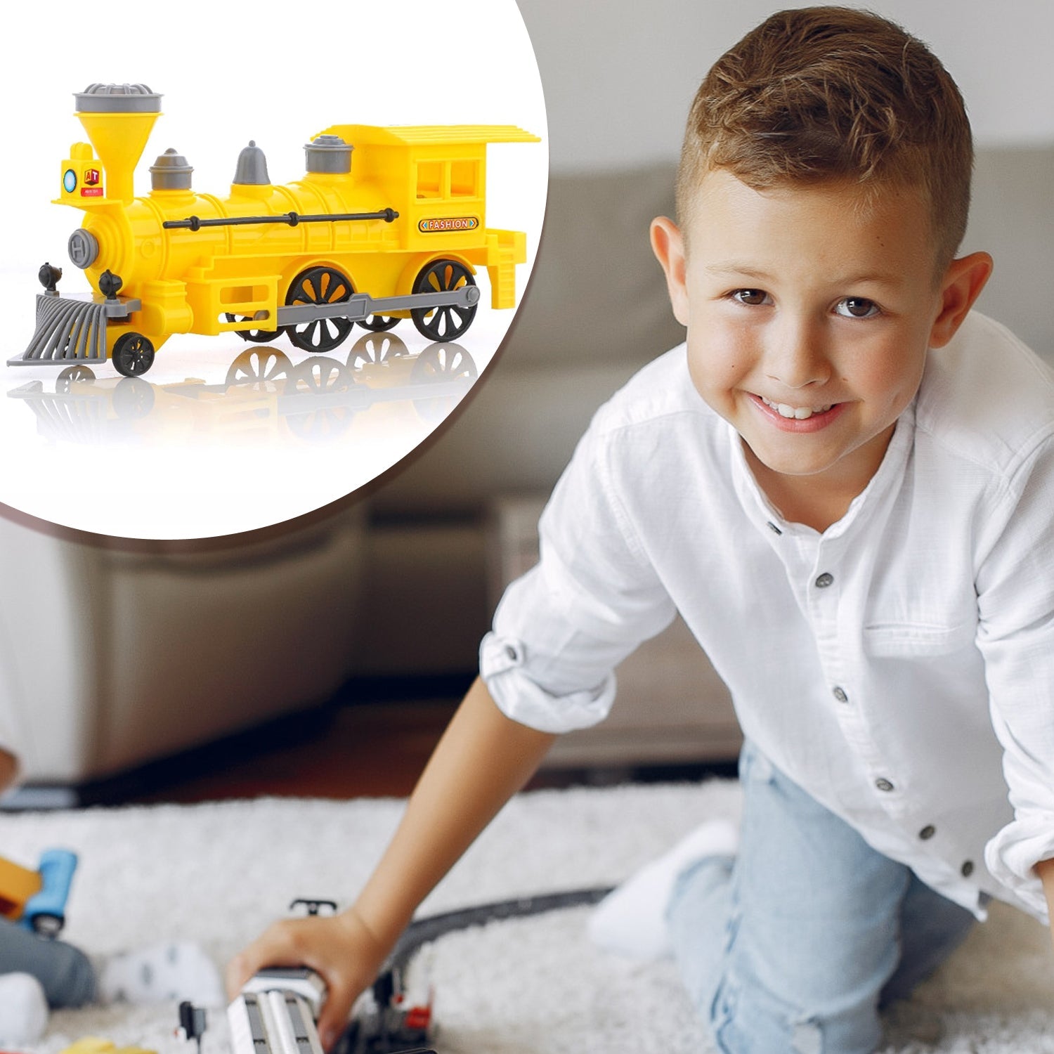 Child actively pulling the string of the Pull Back Train Toy before release.