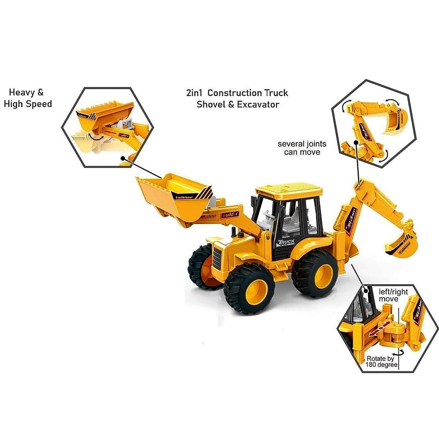 Side view of the durable JCB Style Backhoe Loader Toy Truck