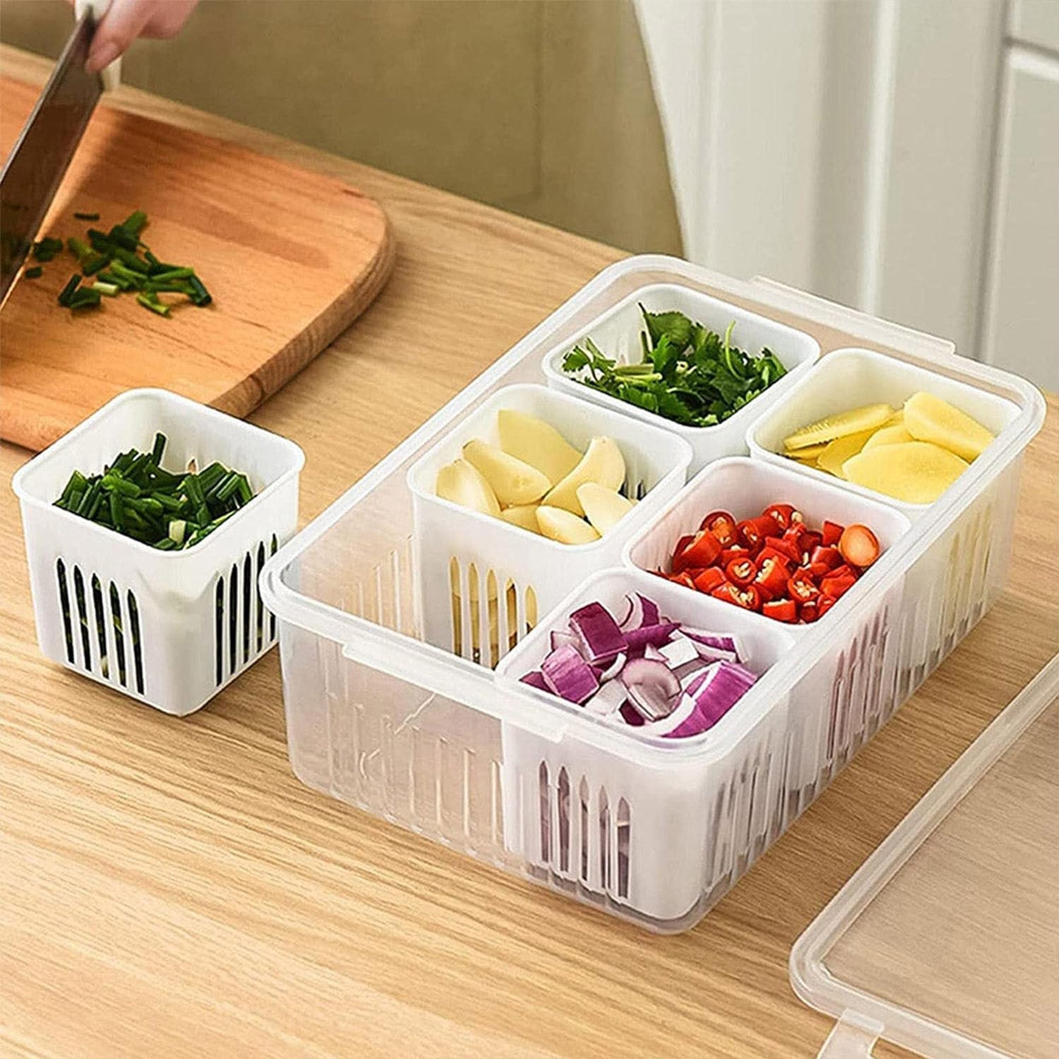 Durable plastic freezer-safe storage box with food, protecting against freezer burn.