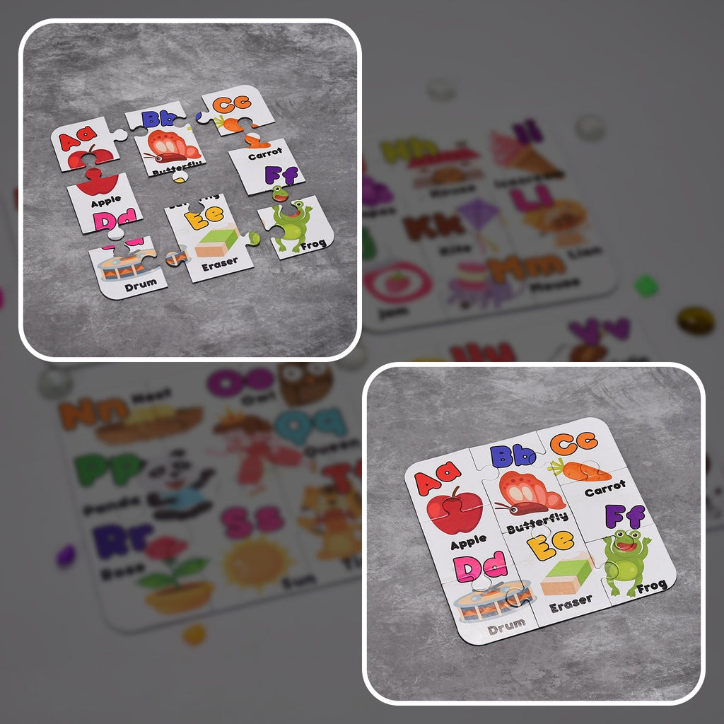Four-pack ABC jigsaw puzzles with child-friendly, durable design.