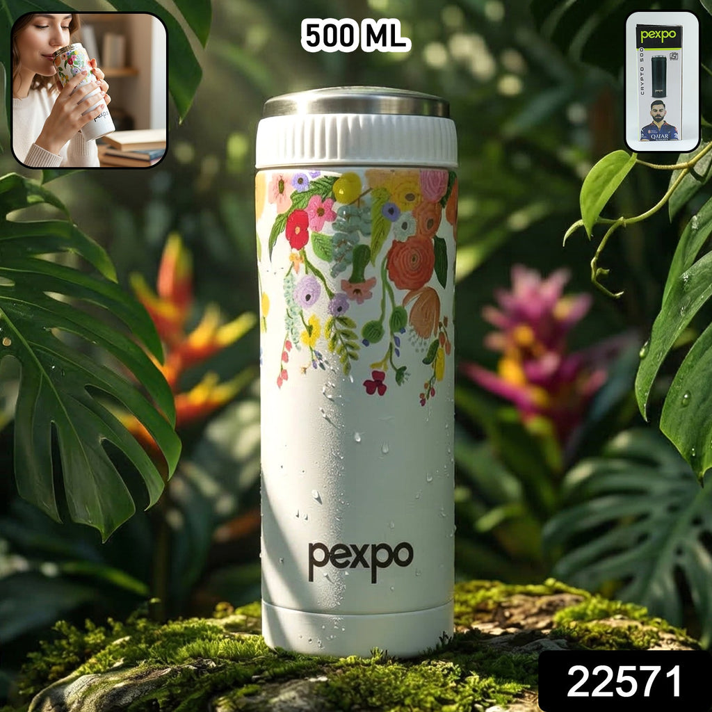 Close-up of floral design on Pexpo water bottle
