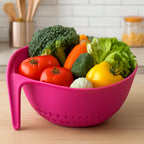 Side view of Supermom triangular kitchen colander highlighting drainage holes
