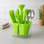 Fancy stainless steel cutlery set beside a plastic storage holder