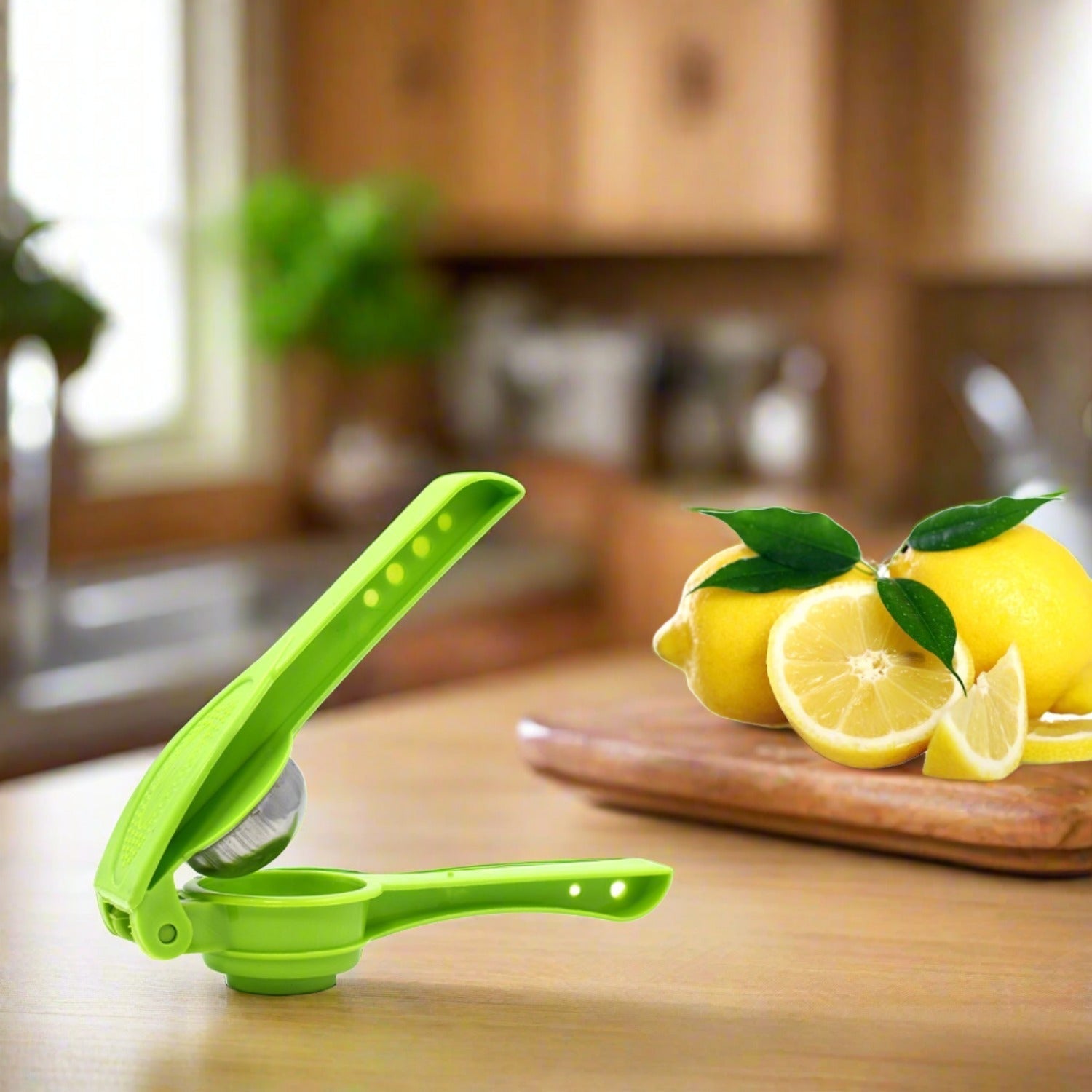Front view of the Quickslice 2-in-1 lemon squeezer and bottle opener, ready for use.