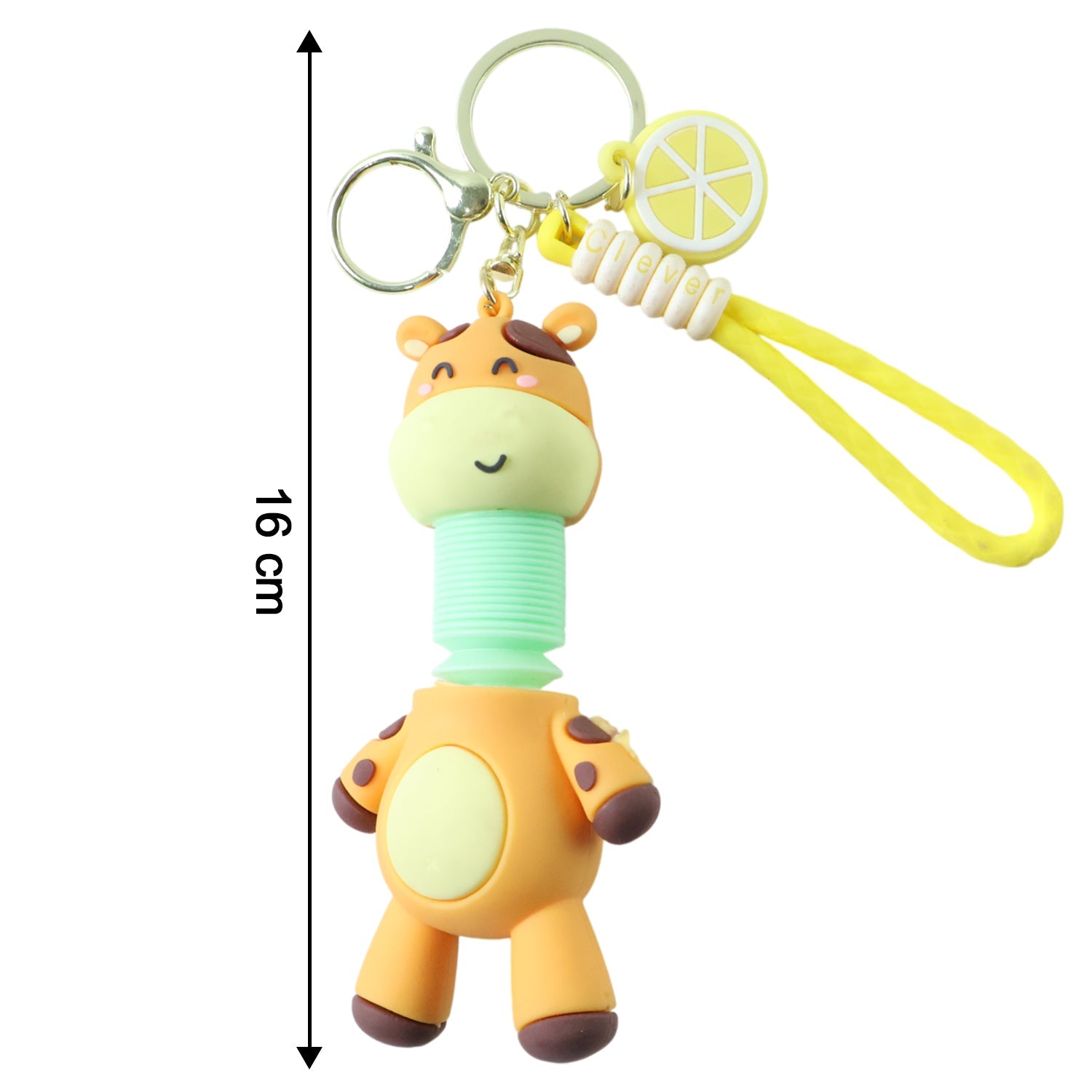 Side view of giraffe cartoon keychain with smooth finish