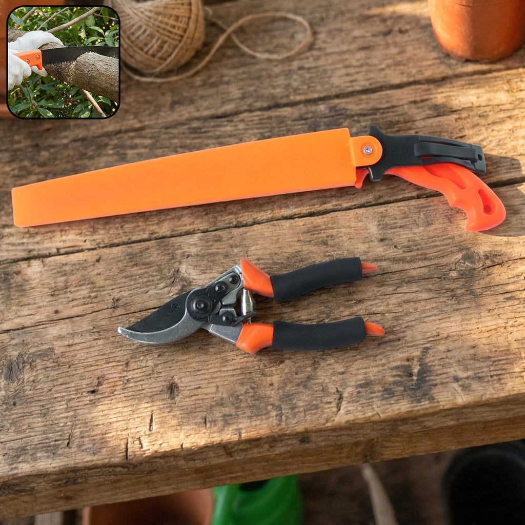 Garden pruning tool combo set with heavy duty hand saw and sharp pruning shears