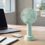 Detail of the portable fan's on/off button and sleek design elements for simple operation.