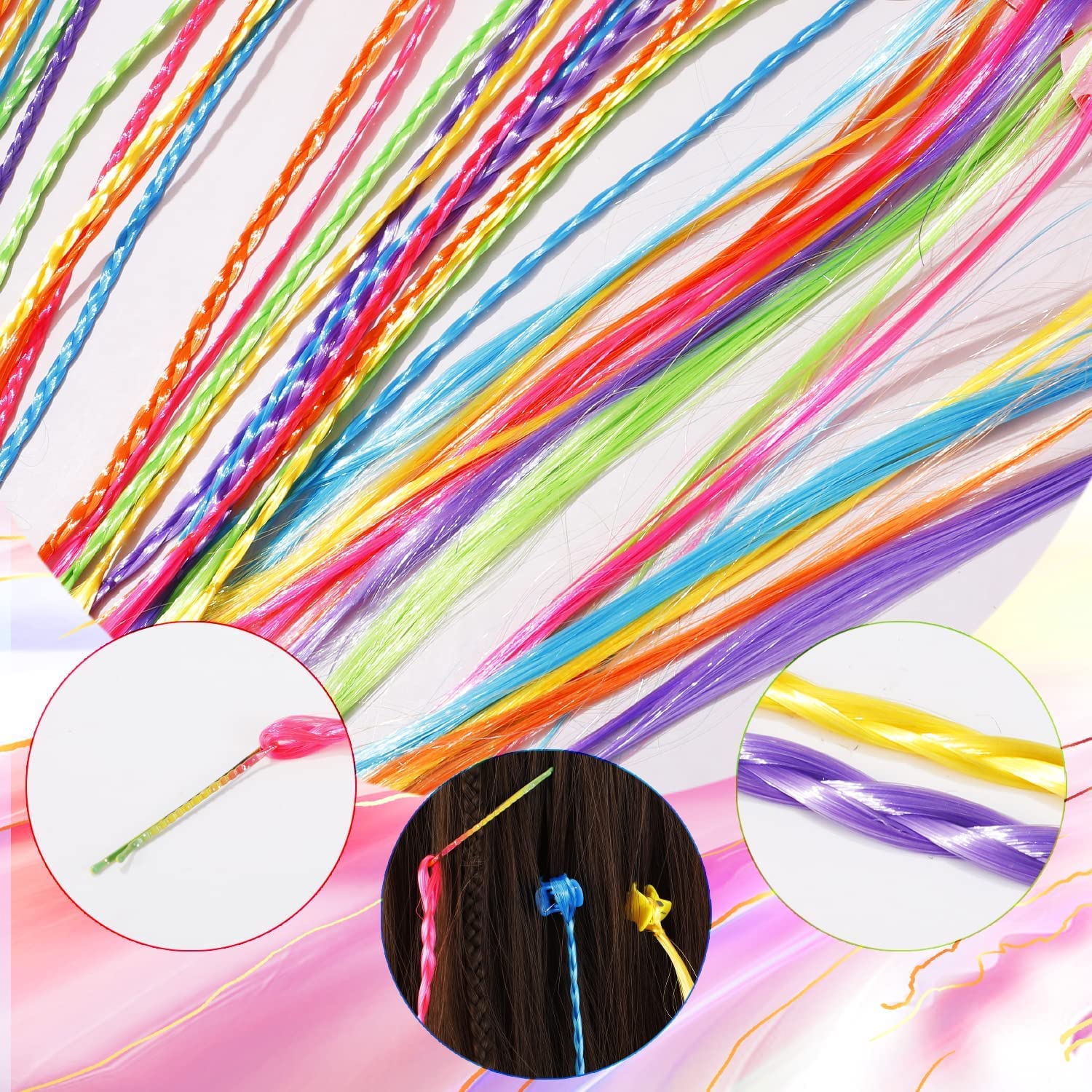 Various colorful kids hair extensions with claw clips on table