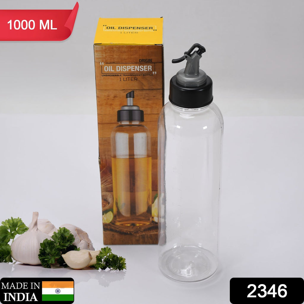 Side view of a clear 1 litre plastic oil bottle, featuring a drip-free pouring spout.