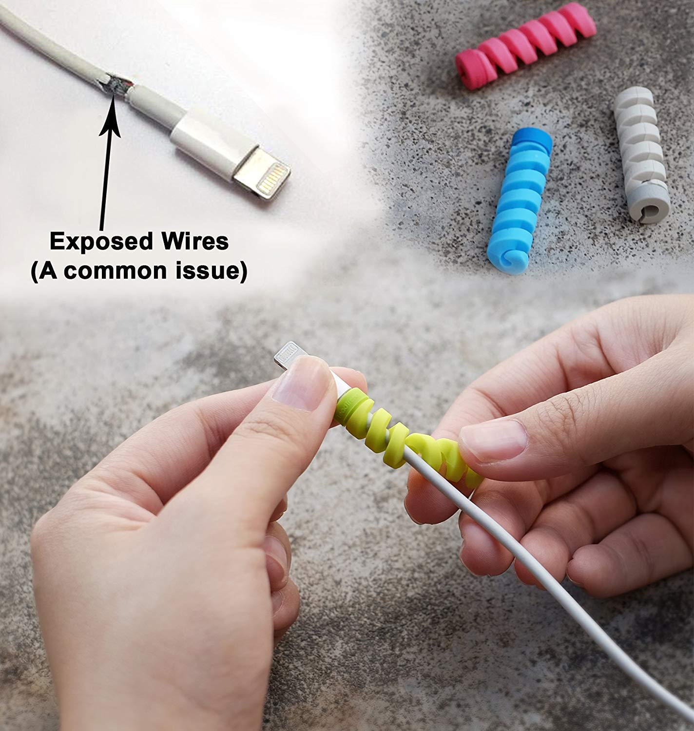 Spring-like spiral cable protectors securing smartphone charger connections.