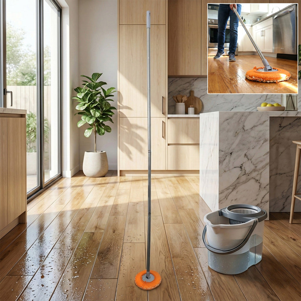 Spin mop with round microfiber head and bucket system for floor cleaning