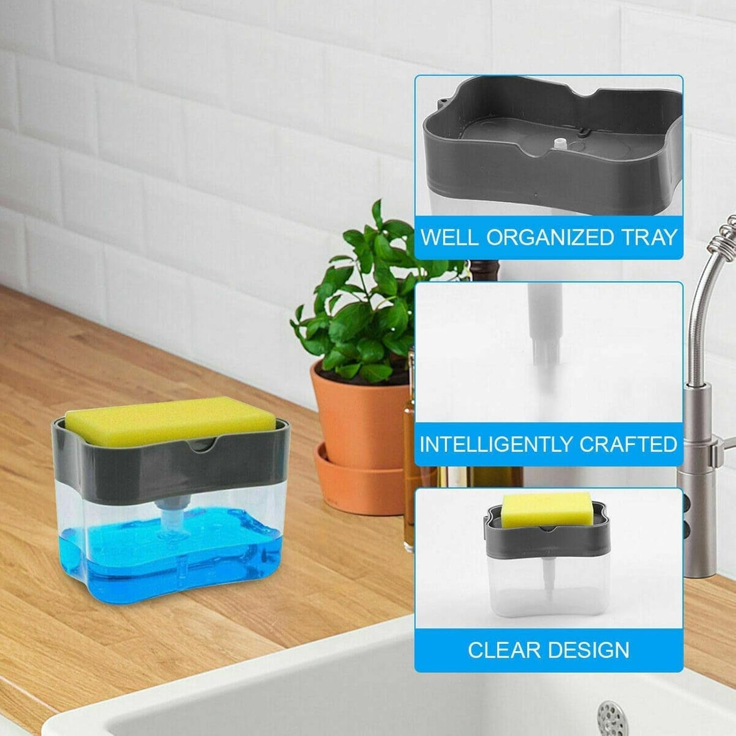 Konvex 2-in-1 Soap Dispenser with built-in scrub holder on a kitchen counter.