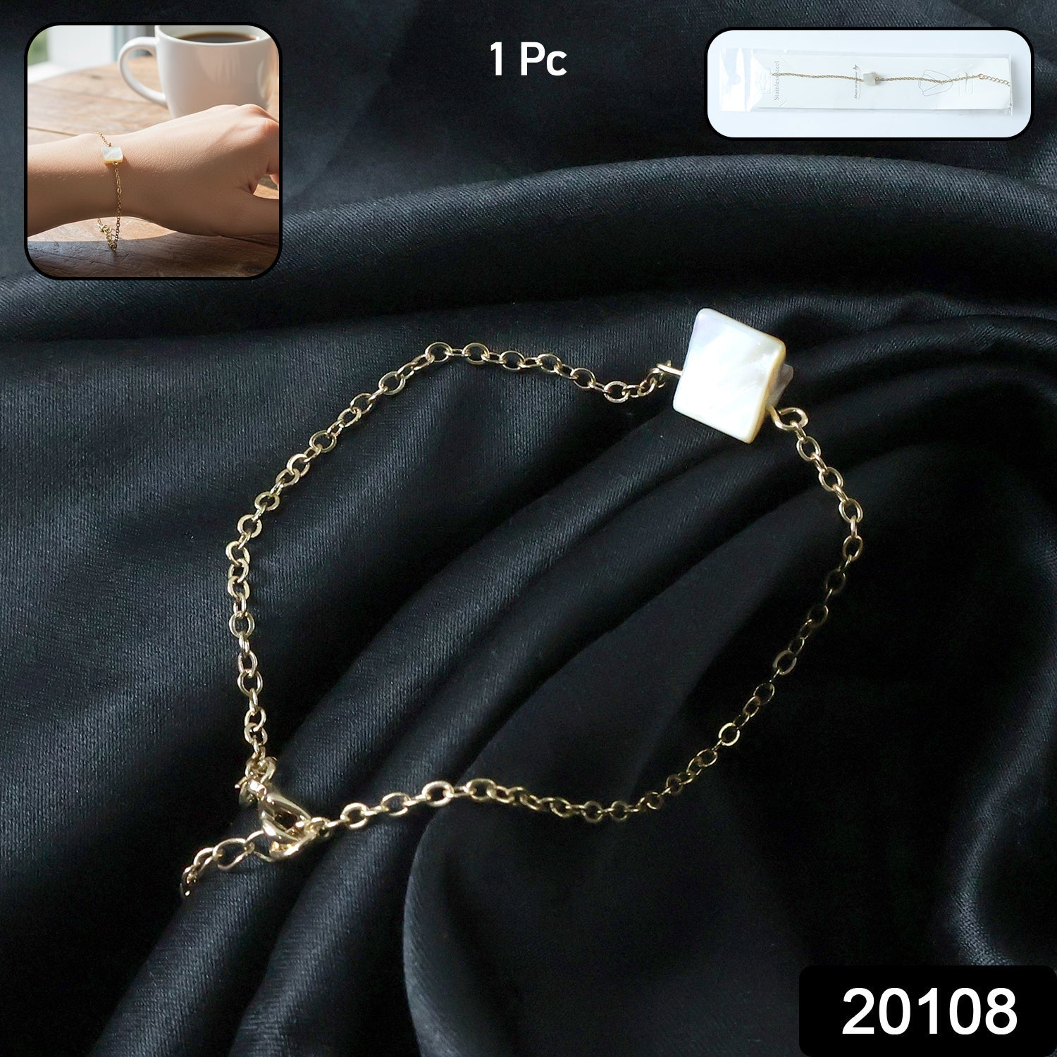 Adjustable chain bracelet worn on wrist showcasing minimalist square stone charm