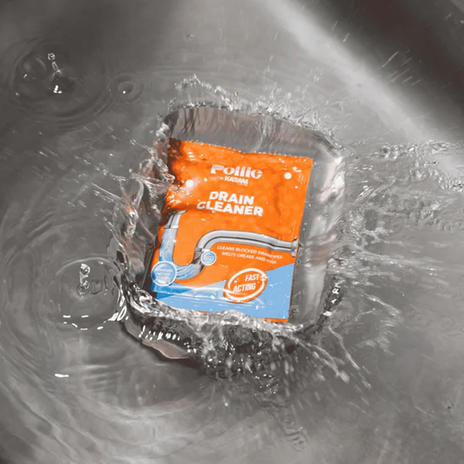 Drain cleaner sachet ready for pouring into kitchen sink drain