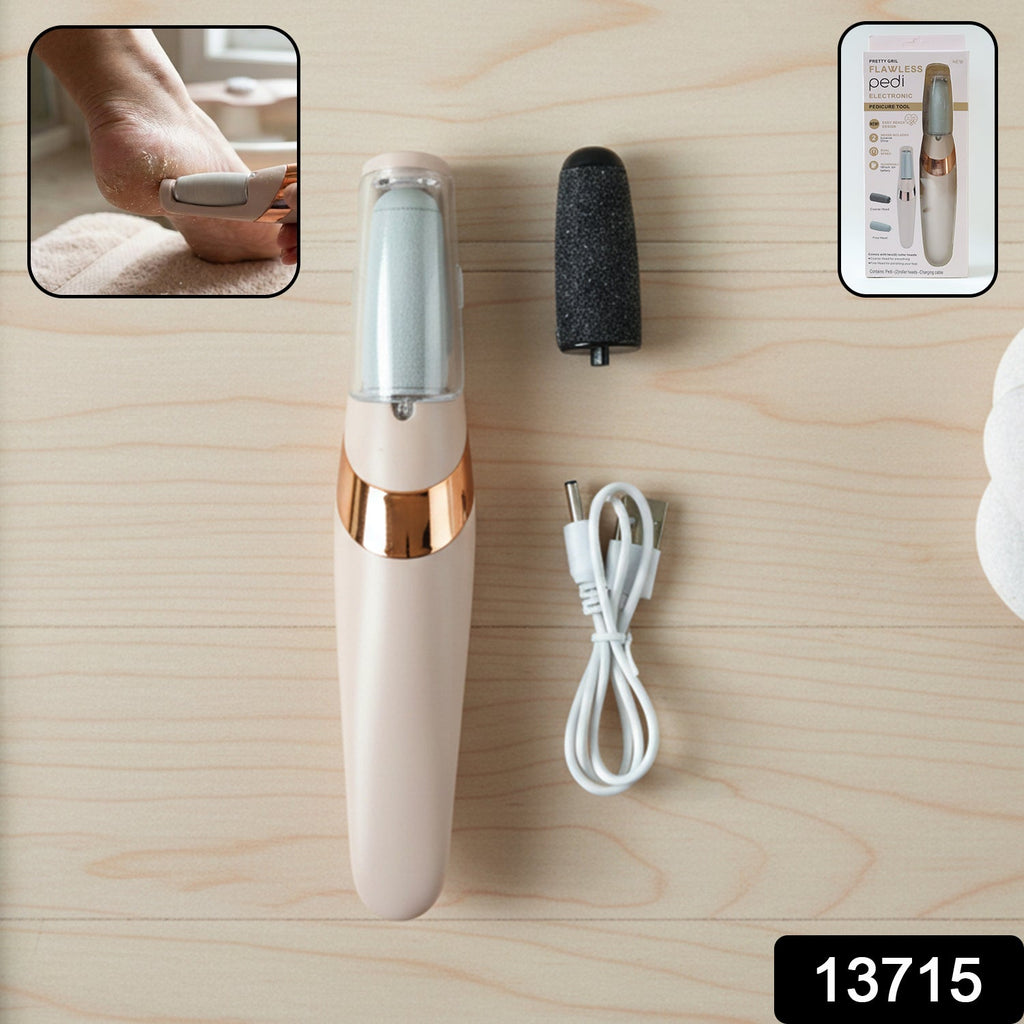 Electronic pedicure tool displaying coarse and fine roller heads for varied skin needs.