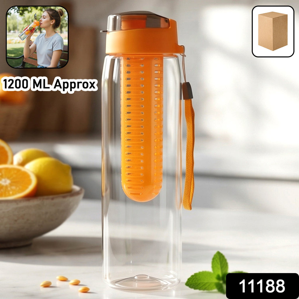 Infuser water bottle with removable fruit filter for flavored drinks