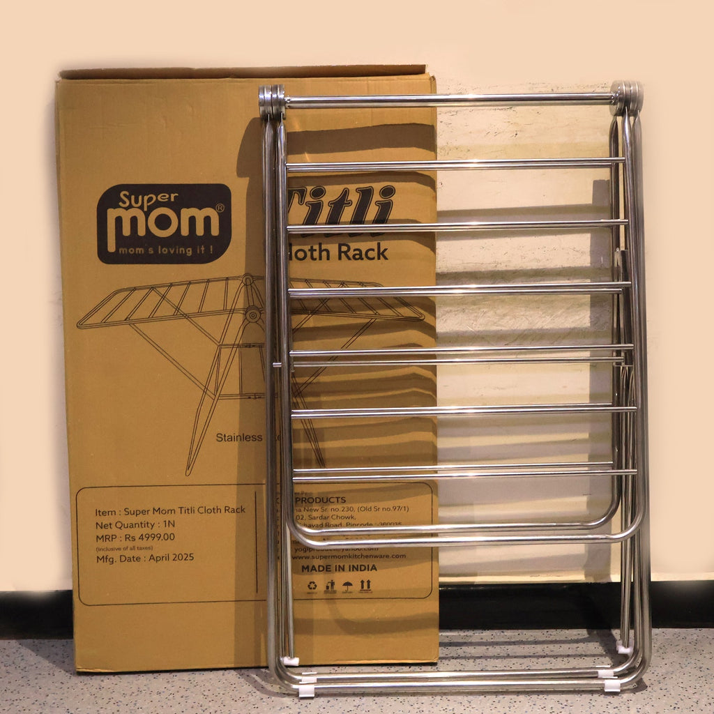 Compact foldable stainless steel clothes drying stand by Supermom saves space while drying