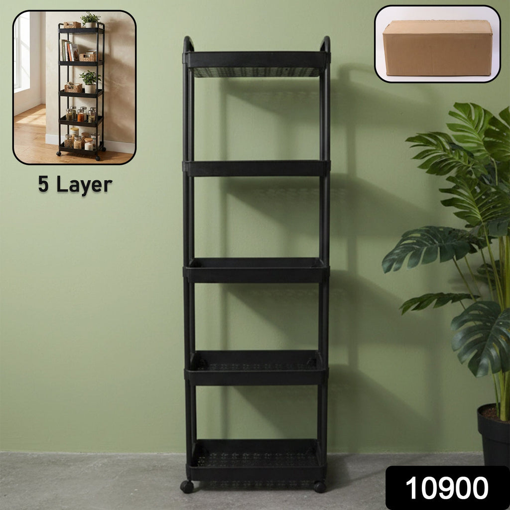 Utility storage cart featuring five open shelves on rolling wheels