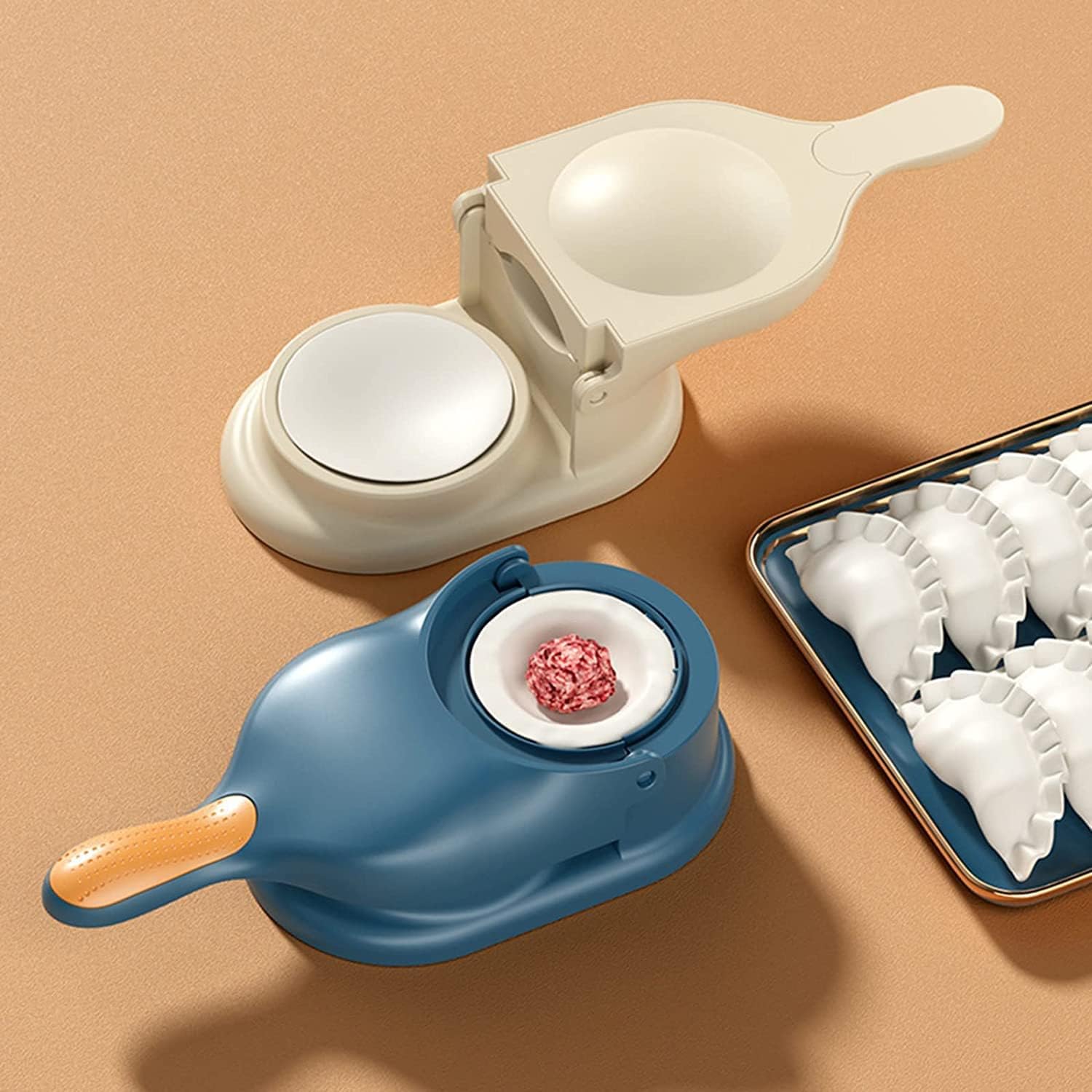 Person demonstrating the easy use of the 2-in-1 dumpling press tool.