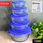 Stackable glass bowls with matching lids, showcasing various sizes for storage.