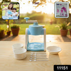 Portable manual ice crusher machine set in blue color for making ice golas and slush