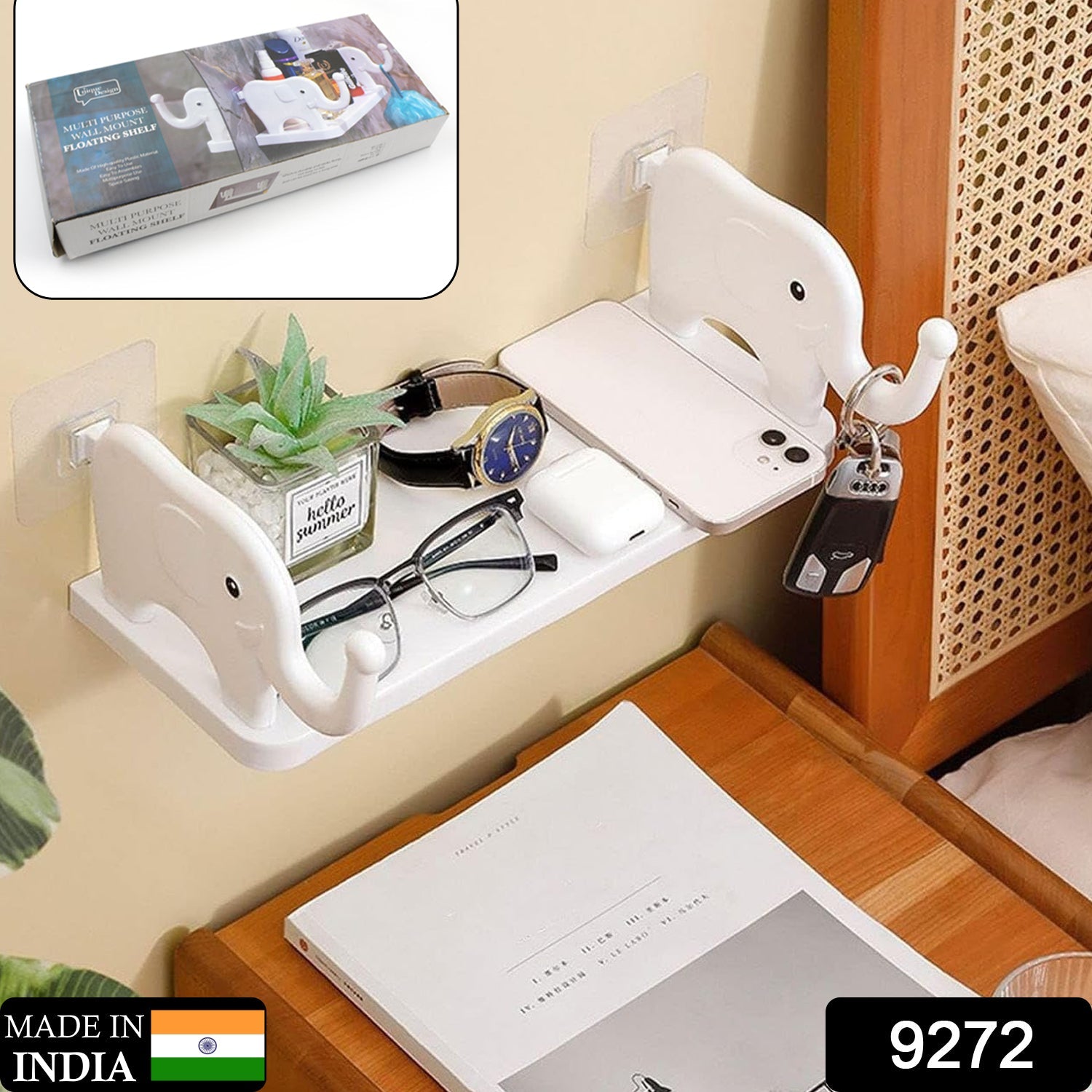 Decorative elephant wall shelf adding charm to home interiors.