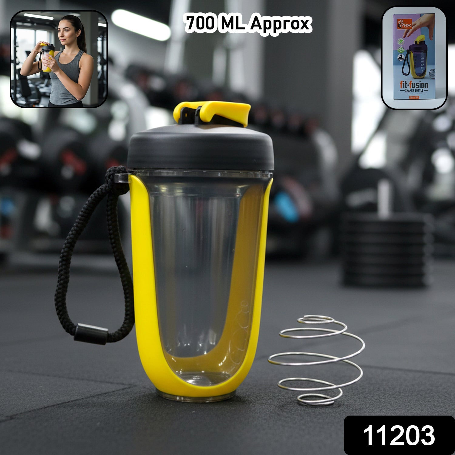 Portable 700ML gym shaker bottle in vibrant yellow with leak-proof lid