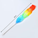 Long-handled microfiber duster reaching high shelves for dust removal.
