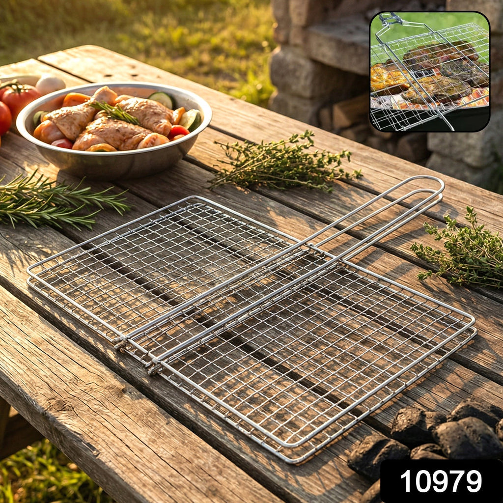 Heavy-duty stainless steel barbecue grill basket with long handle for outdoor grilling