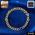 Close-up of gold tone interlocking link chain bracelet with hook clasp