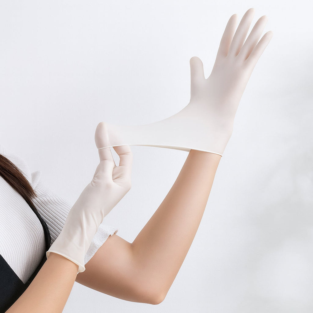 Side view of lightweight small kids dishwashing gloves made from flexible latex.