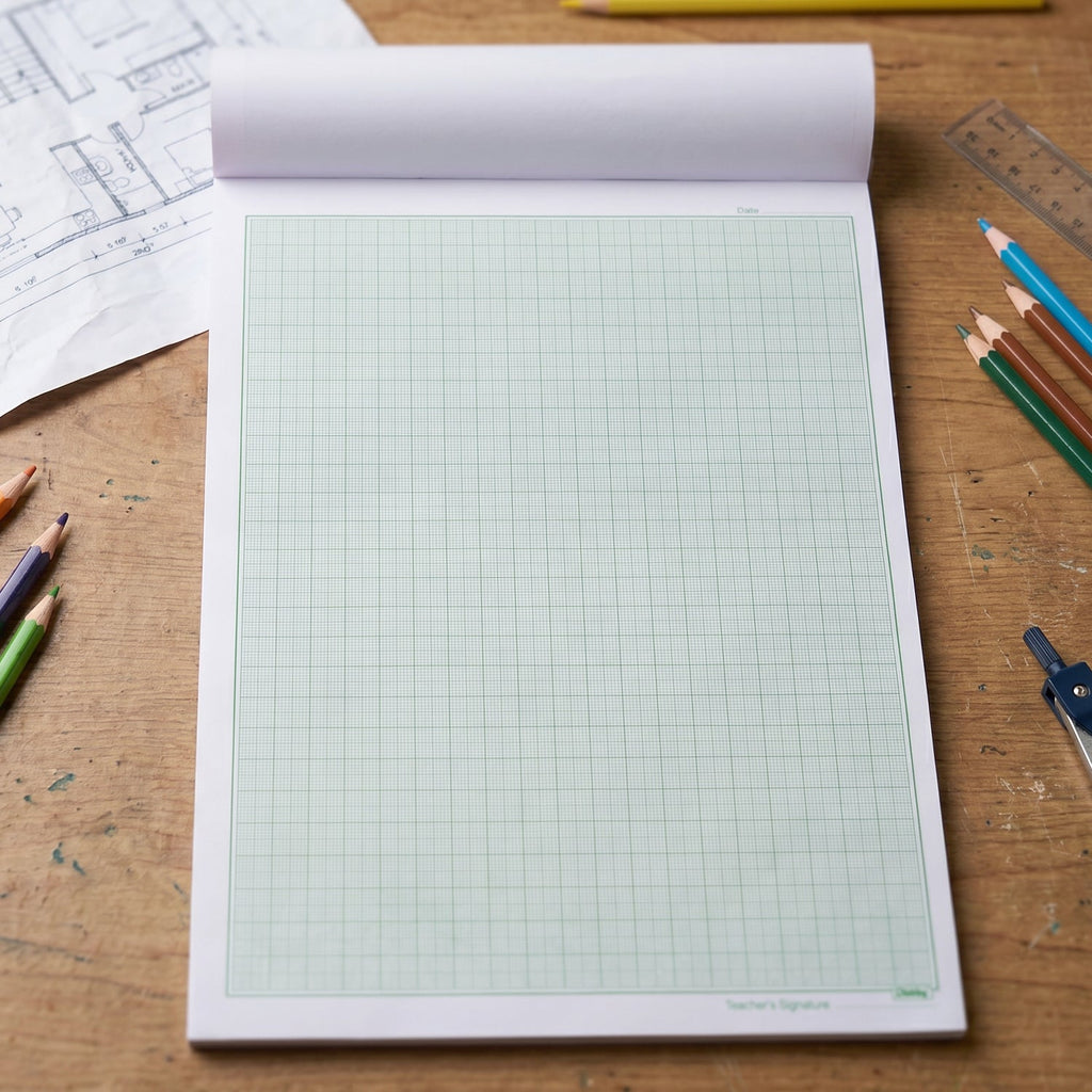 Lifestyle use of Oddy A4 Graph Paper showing technical sketches